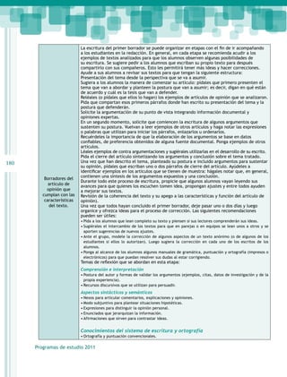 La escritura del primer borrador se puede organizar en etapas con el fin de ir acompañando
                            a los estudiantes en la redacción. En general, en cada etapa se recomienda acudir a los
                            ejemplos de textos analizados para que los alumnos observen algunas posibilidades de
                            su escritura. Se sugiere pedir a los alumnos que escriban su propio texto para después
                            compartirlo con sus compañeros. Esto les permitirá tener más ideas y hacer correcciones.
                            Ayude a sus alumnos a revisar sus textos para que tengan la siguiente estructura:
                            Presentación del tema desde la perspectiva que se va a asumir.
                            Sugiera a los alumnos la manera de comenzar su artículo: pídales que primero presenten el
                            tema que van a abordar y planteen la postura que van a asumir; es decir, digan en qué están
                            de acuerdo y cuál es la tesis que van a defender.
                            Reléales (o pídales que ellos lo hagan) los ejemplos de artículos de opinión que se analizaron.
                            Pida que compartan esos primeros párrafos donde han escrito su presentación del tema y la
                            postura que defenderán.
                            Solicite la argumentación de su punto de vista integrando información documental y
                            opiniones expertas.
                            En un segundo momento, solicite que comiencen la escritura de algunos argumentos que
                            sustenten su postura. Vuelvan a leer ejemplos de otros artículos y haga notar las expresiones
                            o palabras que utilizan para iniciar los párrafos, enlazarlos u ordenarlos.
                            Recuérdeles la importancia de que la elaboración de los argumentos se base en datos
                            confiables, de preferencia obtenidos de alguna fuente documental. Ponga ejemplos de otros
                            artículos.
                            Léales ejemplos de contra argumentaciones y sugiérales utilizarlas en el desarrollo de su escrito.
                            Pida el cierre del artículo sintetizando los argumentos y conclusión sobre el tema tratado.
180                         Una vez que han descrito el tema, planteado su postura e incluido argumentos para sustentar
                            su opinión, pídales que escriban uno o dos párrafos de cierre del artículo. Ayúdeles a
                            identificar ejemplos en los artículos que se tienen de muestra: hágales notar que, en general,
                            contienen una síntesis de los argumentos expuestos y una conclusión.
          Borradores del
                            Durante todo este proceso de escritura, propicie que algunos alumnos vayan leyendo sus
            artículo de     avances para que quienes los escuchen tomen idea, propongan ajustes y entre todos ayuden
           opinión que      a mejorar sus textos.
         cumplan con las    Revisión de la coherencia del texto y su apego a las características y función del artículo de
          características   opinión).
            del texto.      Una vez que todos hayan concluido el primer borrador, deje pasar uno o dos días y luego
                            organice y ofrezca ideas para el proceso de corrección. Las siguientes recomendaciones
                            pueden ser útiles:
                            •	Pida a los alumnos que lean completo su texto y piensen si sus lectores comprenderán sus ideas.
                            •	Sugiérales el intercambio de los textos para que en parejas o en equipos se lean unos a otros y se
                              aporten sugerencias de nuevos ajustes.
                            •	Ante el grupo, modele la corrección de algunos aspectos de un texto anónimo (o de algunos de los
                              estudiantes si ellos lo autorizan). Luego sugiera la corrección en cada uno de los escritos de los
                              alumnos.
                            •	Ponga al alcance de los alumnos algunos manuales de gramática, puntuación y ortografía (impresos o
                              electrónicos) para que puedan resolver sus dudas al estar corrigiendo.
                            Temas de reflexión que se abordan en esta etapa:
                            Comprensión e interpretación
                            •	Postura del autor y formas de validar los argumentos (ejemplos, citas, datos de investigación y de la
                              propia experiencia).
                            •	Recursos discursivos que se utilizan para persuadir.
                            Aspectos sintácticos y semánticos
                            •	Nexos para articular comentarios, explicaciones y opiniones.
                            •	Modo subjuntivo para plantear situaciones hipotéticas.
                            •	Expresiones para distinguir la opinión personal.
                            •	Enunciados que jerarquizan la información.
                            •	Afirmaciones que sirven para contrastar ideas.


                            Conocimientos del sistema de escritura y ortografía
                            •	Ortografía y puntuación convencionales.

      Programas de estudio 2011
 