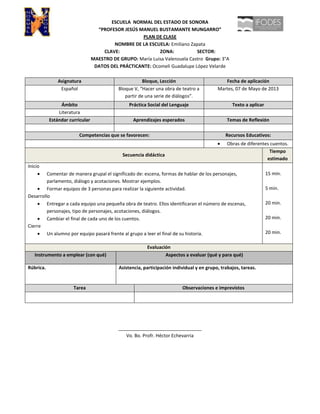 ESCUELA NORMAL DEL ESTADO DE SONORA
“PROFESOR JESÚS MANUEL BUSTAMANTE MUNGARRO”
PLAN DE CLASE
NOMBRE DE LA ESCUELA: Emiliano Zapata
CLAVE: ZONA: SECTOR:
MAESTRO DE GRUPO: María Luisa Valenzuela Castro Grupo: 3°A
DATOS DEL PRÁCTICANTE: Ocomeli Guadalupe López Velarde
Asignatura Bloque, Lección Fecha de aplicación
Español Bloque V, “Hacer una obra de teatro a
partir de una serie de diálogos”.
Martes, 07 de Mayo de 2013
Ámbito Práctica Social del Lenguaje Texto a aplicar
Literatura
Estándar curricular Aprendizajes esperados Temas de Reflexión
Competencias que se favorecen: Recursos Educativos:
Obras de diferentes cuentos.
Secuencia didáctica
Tiempo
estimado
Inicio
Comentar de manera grupal el significado de: escena, formas de hablar de los personajes,
parlamento, diálogo y acotaciones. Mostrar ejemplos.
Formar equipos de 3 personas para realizar la siguiente actividad.
Desarrollo
Entregar a cada equipo una pequeña obra de teatro. Ellos identificaran el número de escenas,
personajes, tipo de personajes, acotaciones, diálogos.
Cambiar el final de cada uno de los cuentos.
Cierre
Un alumno por equipo pasará frente al grupo a leer el final de su historia.
15 min.
5 min.
20 min.
20 min.
20 min.
Evaluación
Instrumento a emplear (con qué) Aspectos a evaluar (qué y para qué)
Rúbrica. Asistencia, participación individual y en grupo, trabajos, tareas.
Tarea Observaciones e imprevistos
________________________________
Vo. Bo. Profr. Héctor Echevarria
 