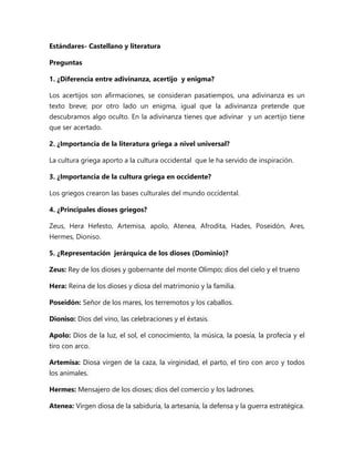 Estándares- Castellano y literatura 
Preguntas 
1. ¿Diferencia entre adivinanza, acertijo y enigma? 
Los acertijos son afirmaciones, se consideran pasatiempos, una adivinanza es un 
texto breve; por otro lado un enigma, igual que la adivinanza pretende que 
descubramos algo oculto. En la adivinanza tienes que adivinar y un acertijo tiene 
que ser acertado. 
2. ¿Importancia de la literatura griega a nivel universal? 
La cultura griega aporto a la cultura occidental que le ha servido de inspiración. 
3. ¿Importancia de la cultura griega en occidente? 
Los griegos crearon las bases culturales del mundo occidental. 
4. ¿Principales dioses griegos? 
Zeus, Hera Hefesto, Artemisa, apolo, Atenea, Afrodita, Hades, Poseidón, Ares, 
Hermes, Dioniso. 
5. ¿Representación jerárquica de los dioses (Dominio)? 
Zeus: Rey de los dioses y gobernante del monte Olimpo; dios del cielo y el trueno 
Hera: Reina de los dioses y diosa del matrimonio y la familia. 
Poseidón: Señor de los mares, los terremotos y los caballos. 
Dioniso: Dios del vino, las celebraciones y el éxtasis. 
Apolo: Dios de la luz, el sol, el conocimiento, la música, la poesía, la profecía y el 
tiro con arco. 
Artemisa: Diosa virgen de la caza, la virginidad, el parto, el tiro con arco y todos 
los animales. 
Hermes: Mensajero de los dioses; dios del comercio y los ladrones. 
Atenea: Virgen diosa de la sabiduría, la artesanía, la defensa y la guerra estratégica. 
 