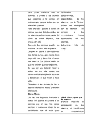 para poder socializar con los 
alumnos, le pediré a los alumnos 
que salgamos a la cancha, ahí 
realizaremos nuestra lectura en voz 
alta de los poemas. 
Para empezar pasaré a leerles un 
poema con sus debidas reglas, así 
los alumnos podrán darse cuenta del 
cómo se debe expresar, que 
entonación, etc. 
Con esto los alumnos tendrán un 
referente de cómo leer un poema. 
Después le pediré la participación a 
tres de los alumnos por medio de un 
juego del mar y tierra los primeros 
tres alumnos que pierdan serán los 
que me tendrán que leer el poema. 
De uno por uno deberán hacer la 
lectura en voz alta, donde sus 
demás compañeros podrán escuchar 
y deliberarán el que mejor lo haya 
leído. 
Observaré si los alumnos le dan la 
debida entonación, fluidez y volumen 
a la lectura. 
Cierre:15min. 
Una vez que hayamos finalizado la 
lectura del poema, les pediré a los 
alumnos que en una hoja blanca 
escriban o realicen un dibujo de los 
sentimientos que el autor quiso 
habilidades, 
conocimientos, 
capacidades, de los 
alumnos, con la Técnica: 
análisis del desempeño 
con la intención de 
conocer si los 
conocimientos fueron 
significativos en los 
alumnos. 
Instrumento: lista de 
cotejo 
¿Qué, cómo y para que 
se evalúa? 
Evaluaré mediante la 
participación de los 
alumnos, si identificaron 
las características 
 