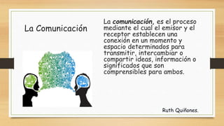 La Comunicación
La comunicación, es el proceso
mediante el cual el emisor y el
receptor establecen una
conexión en un momento y
espacio determinados para
transmitir, intercambiar o
compartir ideas, información o
significados que son
comprensibles para ambos.
Ruth Quiñones.