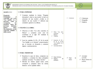 BENEMÉRITO INSTITUTO NORMALDELESTADO “GRAL. JUAN CRISÓSTOMO BONILLA”
PROGRAMA EDUCATIVO DE LICENCIATURA EN EDUCACIÓN SECUNDARIA CON ESPECIALIDAD EN TELESECUNDARIA
SESIÓN 2 Y 3
Propósito:
Profundizar el
contenido del texto
“Las batallas en el
desierto” sobre la
corrupción, los
prejucios hacia las
personas distintas,
primer amor,
discriminación social,
represión familiar y
doble moral.
>>>PARA EMPEZAR
 Comenten mediante la técnica “Pregunta
detonadora” ¿Qué es una reseña? ¿Cuál es la
estructura de una reseña?, ¿Cuáles es el
objetivo de una reseña? Y elaboren una
conclusión general en su libreta.
>>>MANOS A LA OBRA
 Observen el video “Los años cuarentas en
México” y comenten como eran las
sociedades en el siglo XV mediante la
técnica “Tombola”.
 Lean los capítulos II, III y IV de la novela
“Las batallas en el desierto” proporcionados
por el docente en formación y contesten
algunos cuestionamientos.
>>>PARA TERMINAR
 Resuelvan la sopa de letras, compartan sus
resultados y comenten las ideas principales
mediante la técnica “Tu animal favorito”
 Discutan de manera grupal temas como
corrupción y prejuicios hacia los demás
inmersos en los capítulos leidos.
 Video “Los años
cuarentas en
Mexico”
 Tómbola
 Capítulos II, III y
IV de la novela
“Las batallas en el
desierto”
 Actividad abierta
 Sopa de letras
 Figuras de
animales
 Conclusión
 Sopa de
letras
 Coherencia
 Ortografía
 Limpieza
 Actividad
acertada
 Mayor número de
aciertos
 