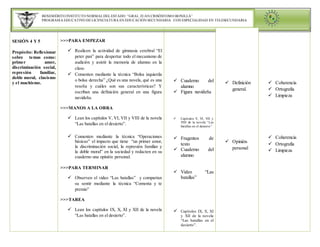 BENEMÉRITO INSTITUTO NORMALDELESTADO “GRAL. JUAN CRISÓSTOMO BONILLA”
PROGRAMA EDUCATIVO DE LICENCIATURA EN EDUCACIÓN SECUNDARIA CON ESPECIALIDAD EN TELESECUNDARIA
SESIÓN 4 Y 5
Propósito: Reflexionar
sobre temas como:
primer amor,
discriminación social,
represión familiar,
doble moral, clasismo
y el machismo.
>>>PARA EMPEZAR
 Realicen la actividad de gimnasia cerebral “El
peter pan” para despertar todo el mecanismo de
audición y asistir la memoria de alumno en la
clase.
 Comenten mediante la técnica “Bolsa izquierda
o bolsa derecha” ¿Qué es una novela, qué es una
reseña y cuáles son sus características? Y
escriban una definición general en una figura
navideña.
>>>MANOS A LA OBRA
 Lean los capítulos V, VI, VII y VIII de la novela
“Las batallas en el desierto”.
 Comenten mediante la técnica “Operaciones
básicas” el impacto que tiene “un primer amor,
la discriminación social, la represión familiar y
la doble moral” en la sociedad y redacten en su
cuaderno una opinión personal.
>>>PARA TERMINAR
 Observen el video “Las batallas” y compartan
su sentir mediante la técnica “Comenta y te
premio”
>>>TAREA
 Lean los capítulos IX, X, XI y XII de la novela
“Las batallas en el desierto”.
 Cuaderno del
alumno
 Figura navideña
 Capítulos V, VI, VII y
VIII de la novela “Las
batallas en el desierto”
 Fragentos de
texto
 Cuaderno del
alumno
 Video “Las
batallas”
 Capítulos IX, X, XI
y XII de la novela
“Las batallas en el
desierto”.
 Definición
general.
 Opinión
personal
 Coherencia
 Ortografia
 Limpieza
 Coherencia
 Ortografia
 Limpieza
 