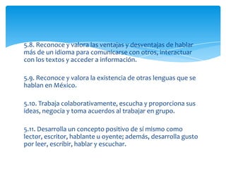 5.8. Reconoce y valora las ventajas y desventajas de hablar
más de un idioma para comunicarse con otros, interactuar
con los textos y acceder a información.

5.9. Reconoce y valora la existencia de otras lenguas que se
hablan en México.

5.10. Trabaja colaborativamente, escucha y proporciona sus
ideas, negocia y toma acuerdos al trabajar en grupo.

5.11. Desarrolla un concepto positivo de sí mismo como
lector, escritor, hablante u oyente; además, desarrolla gusto
por leer, escribir, hablar y escuchar.
 