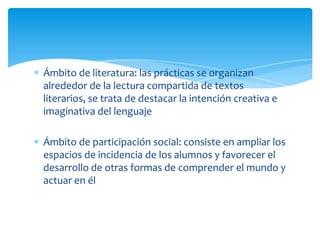 Ámbito de literatura: las prácticas se organizan
alrededor de la lectura compartida de textos
literarios, se trata de destacar la intención creativa e
imaginativa del lenguaje

Ámbito de participación social: consiste en ampliar los
espacios de incidencia de los alumnos y favorecer el
desarrollo de otras formas de comprender el mundo y
actuar en él
 
