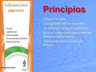    Primero la vida
    La dignidad del ser humano
   La libertad con responsabilidad
   El bien común prevalece sobre los
    intereses particulares
    Formación para la vida y el
    trabajo
 