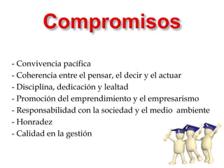 - Convivencia pacífica
- Coherencia entre el pensar, el decir y el actuar
- Disciplina, dedicación y lealtad
- Promoción del emprendimiento y el empresarismo
- Responsabilidad con la sociedad y el medio ambiente
- Honradez
- Calidad en la gestión
 