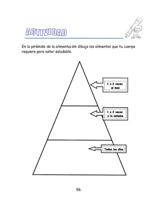 56
En la pirámide de la alimentación dibuja los alimentos que tu cuerpo
requiere para estar saludable.
 