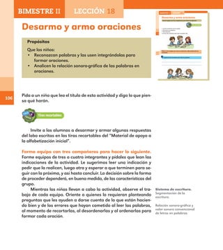 106
Desarmo y armo oraciones
Propósitos
Que los niños:
•	 Reconozcan palabras y las usen integrándolas para
formar oraciones.
•	 Analicen la relación sonoro-gráfica de las palabras en
oraciones.
Pida a un niño que lea el título de esta actividad y diga lo que pien-
sa qué harán.
Sistema de escritura.
Segmentación de la
escritura.
Relación sonoro-gráfica y
valor sonoro convencional
de letras en palabras.
74
Desarmo y armo oraciones
Forma equipo con tres compañeros para hacer lo siguiente.
1. Lee las oraciones con tu equipo.
2. Recorten sus palabras.
3. Revuélvanlas.
4. Armen las oraciones para que se puedan leer.
Pidan a otro equipo que revise si ordenaron adecuadamente las
oraciones.
Copia las dos oraciones que más te gustaron.
BIMESTRE II LECCIÓN 18
E1ALUMNO_R.indd 74 06/06/14 20:37
BIMESTRE II LECCIÓN 18
Invite a los alumnos a desarmar y armar algunas respuestas
del lobo escritas en las tiras recortables del “Material de apoyo a
la alfabetización inicial”.
Forma equipo con tres compañeros para hacer lo siguiente.
Forme equipos de tres o cuatro integrantes y pídales que lean las
indicaciones de la actividad. Le sugerimos leer una indicación y
pedir que la realicen, luego otra y esperar a que terminen para se-
guir con la próxima, y así hasta concluir. La decisión sobre la forma
de proceder dependerá, en buena medida, de las características del
grupo.
Mientras los niños llevan a cabo la actividad, observe el tra-
bajo de cada equipo. Oriente a quienes lo requieran planteando
preguntas que les ayuden a darse cuenta de lo que están hacien-
do bien y de los errores que hayan cometido al leer las palabras,
al momento de recortarlas, al desordenarlas y al ordenarlas para
formar cada oración.
E1MAESTRO_R2.indd 106 06/06/14 22:31
 