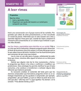 126
88
A leer rimas
Lee las rimas y apréndelas para decirlas en un recital.
Los meses
Treinta días trae septiembre,
con abril, junio y noviembre.
De veintiocho sólo hay uno
y los demás treinta y uno.
Paloma Bumbuna
Paloma Bumbuna,
llévame a tu cuna,
dame de comer
semillas de tuna.
Un pajarito
Un pajarito
me dijo al oído
pío, pío, pío,
tengo mucho frío.
Sol, solecito
Sol, solecito,
caliéntame un poquito
por hoy, por mañana,
por toda la semana.
LECCIÓN 4BIMESTRE III
E1ALUMNO_R.indd 88 06/06/14 20:37
A leer rimas
Propósitos
Que los niños:
•	 Lean y aprendan rimas.
•	 Organicen con ayuda del maestro un recital para
compartir sus rimas.
Inicie una conversación con el grupo acerca de los recitales. Pre-
gúnteles qué saben de estas presentaciones y si han escuchado
un recital de poesía. Infórmeles que en esta ocasión van a leer y
aprender algunas rimas para que, cuando las sepan, preparen lo
necesario para presentarlas en un recital al que invitarán a quie-
nes ellos decidan.
Lee las rimas y apréndelas para decirlas en un recital. Pida a
un niño que lea la indicación y después pregunte quién desea leer
el título de la primera rima (Los meses), y al resto del grupo qué es
lo que saben acerca del tema. Invítelos a ver las ilustraciones para
que comenten de qué creen que tratará.
Lea la rima en voz alta para el grupo, enfatizando las pala-
bras que riman, mientras ellos siguen la lectura en su Libro para
el alumno.
Solicite que alguien más lea la rima nuevamente, y formu-
le preguntas que lleven a los niños a confirmar o modificar sus
predicciones. Esta estrategia les permite clarificar lo que el texto
comunica, y los conduce a transformar o rechazar alguna idea
diferente que hubieran pensado.
Es necesario analizar el contenido del texto para que los
alumnos comprueben que formularse preguntas al leer es un es-
trategia importante que les ayudará a comprender; por ejemplo,
pregúnteles: ¿de qué habla?, ¿a qué se refiere la parte de la ora-
ción que dice: “sólo hay uno”? o ¿qué significa “los demás”, en la
oración: “Y los demás treinta y uno”?
Estrategias de
comprensión lectora.
Propósitos de lectura.
Conocimientos previos.
Predicciones.
Pertinencia de las
predicciones e inferencias.
Interpretación de
palabras y expresiones
a partir del significado
global y específico.
BIMESTRE III LECCIÓN 4
E1MAESTRO_R2.indd 126 06/06/14 22:31
 
