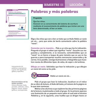 131
92
Palabras y más palabras
Comenta con tu maestro el significado de la palabra navío.
Dibuja un navío.
Localiza la página 89 y responde con tu grupo.
¿Sobre qué objeto está escrito Palabras?
¿Hacia dónde se dirigen las huellas? ¿Qué indican?
¿De qué crees que trata el texto?
Escucha y sigue la lectura que hará tu maestro para que sepas de
qué trata el texto.
LECCIÓN 6BIMESTRE III
E1ALUMNO_R.indd 92 06/06/14 20:37
Palabras y más palabras
Propósito
Que los niños:
Avancen en su conocimiento del sistema de escritura
mediante el reconocimiento de palabras que inician con una
letra determinada, al leer un texto.
Diga a los niños que van a leer un texto que se titula Había un navío
vío vío…, pero que antes de leerlo comentarán sobre la palabra
“navío”.
Comenta con tu maestro… Pida a un niño que lea la indicación.
Pregunte al grupo si saben qué significa “navío”. Escuche sus res-
puestas y complemente, si es necesario, comentándoles que un
“navío” es un barco o buque de gran tamaño que se usa en las
guerras o para transportar muchas mercancías comerciales y de
correo. Si es posible, consiga ilustraciones o fotografías que mues-
tren navíos de diferentes tipos: de velas, de vapor o de turbinas.
Dibuja un navío. Solicíteles que lean la indicación y que dibujen
un navío tal como se les pide.
Pida al grupo que lean la indicación, localicen en el índice
de su Libro de lectura, el título del texto y el número de la página en
la que éste comienza.
Motive a los alumnos a que exploren las dos primeras páginas
de la lectura; muéstreselas a todo el grupo. En la primera aparece
una ilustración de un pequeño navío sobre el cual está el término
Palabras y, en la siguiente, unas huellas que se dirigen hacia un
Había un navío vío vío…
Características de los
textos escritos.
Libros y Revistas: título,
portada, subtítulos, índice,
páginas, cuerpo, apoyos
gráficos, contraportada.
Interpretación de
palabras y expresiones
a partir del significado
global y específico.
BIMESTRE III LECCIÓN 6
E1MAESTRO_R2.indd 131 06/06/14 22:31
 
