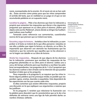 132
navío, acompañadas de la oración: En el navío vío vío se han subi-
do… Éstas servirán como pistas para que los niños comprendan
el sentido del texto, que en realidad es un juego en el que se van
acumulando palabras en un supuesto navío.
Localiza la página… Pida a los alumnos que lean la indicación y
propicie que comenten las respuestas que dieron a las siguientes
preguntas que aparecen en su Libro para el alumno: ¿Sobre qué
objeto está escrito Palabras?, ¿hacia dónde se dirigen las huellas?,
¿qué indican esas huellas?
Tomando como referencia sus comentarios, cuestiónelos
acerca de lo que piensan que se tratará ese texto.
Escucha y sigue la lectura… Invítelos a leer la indicación y a com-
probar si el texto se tratará de lo que ellos pensaron. Léaselos en
voz alta y pídales que sigan la lectura, en silencio, en su libro. Es
importante que observen con atención las ilustraciones que les
mostrará y que les comente que aquellos que no las alcancen a
ver lo hagan con detalle en su Libro de lectura.
Anota las respuestas… Después de que alguno de los alumnos
lea la indicación, promueva que escriban las respuestas de las
preguntas planteadas en su Libro para el alumno. Léalas una a
una y dé tiempo suficiente para que localicen y escriban las pala-
bras correspondientes. Las preguntas de la 1 a la 5 propician que
los alumnos vuelvan a leer el texto con la intención de que puedan
localizar el dato que se les pregunta.
Para responder a la pregunta 6, se requiere que los niños in-
fieran alguna palabra que les provoque miedo; es posible que res-
pondan: ogros, arañas, duendes o esqueletos. Esto dependerá de
las experiencias con las que cuenta cada niño.
Si ellos comentan que existen diferentes respuestas, propicie
una discusión en la que expliquen sus argumentos o razones que
los justifican.
En la pregunta 7, tendrán que relacionar la ilustración con
la palabra para descubrir que la característica que se le da a los
elefantes de estirarse como una liga de hule permitió darles un
nombre chistoso: ulefante.
Estrategias de
comprensión lectora.
Localización de
información explícita.
Inferencias.
Predicciones.
Propósito de lectura.
Localización de
información explícita.
Inferencias.
Relación imagen-texto.
E1MAESTRO_R2.indd 132 06/06/14 22:31
 