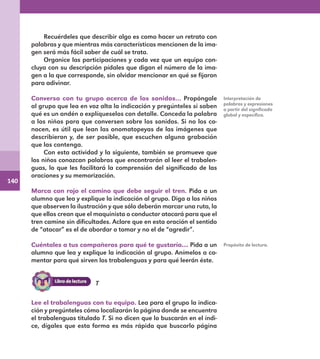 140
Recuérdeles que describir algo es como hacer un retrato con
palabras y que mientras más características mencionen de la ima-
gen será más fácil saber de cuál se trata.
Organice las participaciones y cada vez que un equipo con-
cluya con su descripción pídales que digan el número de la ima-
gen a la que corresponde, sin olvidar mencionar en qué se fijaron
para adivinar.
Conversa con tu grupo acerca de los sonidos… Propóngale
al grupo que lea en voz alta la indicación y pregúnteles si saben
qué es un andén o explíqueselos con detalle. Conceda la palabra
a los niños para que conversen sobre los sonidos. Si no los co-
nocen, es útil que lean las onomatopeyas de las imágenes que
describieron y, de ser posible, que escuchen alguna grabación
que las contenga.
Con esta actividad y la siguiente, también se promueve que
los niños conozcan palabras que encontrarán al leer el trabalen-
guas, lo que les facilitará la comprensión del significado de las
oraciones y su memorización.
Marca con rojo el camino que debe seguir el tren. Pida a un
alumno que lea y explique la indicación al grupo. Diga a los niños
que observen la ilustración y que sólo deberán marcar una ruta, la
que ellos crean que el maquinista o conductor atacará para que el
tren camine sin dificultades. Aclare que en esta oración el sentido
de “atacar” es el de abordar o tomar y no el de “agredir”.
Cuéntales a tus compañeros para qué te gustaría… Pida a un
alumno que lea y explique la indicación al grupo. Anímelos a co-
mentar para qué sirven los trabalenguas y para qué leerán éste.
Interpretación de
palabras y expresiones
a partir del significado
global y específico.
Propósito de lectura.
Lee el trabalenguas con tu equipo. Lea para el grupo la indica-
ción y pregúnteles cómo localizarán la página donde se encuentra
el trabalenguas titulado T. Si no dicen que lo buscarán en el índi-
ce, dígales que esta forma es más rápida que buscarlo página
T
E1MAESTRO_R2-140.indd 140 09/06/14 19:23
 