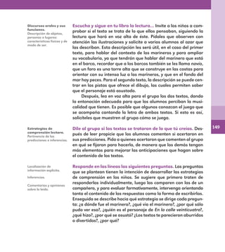 149
Escucha y sigue en tu libro la lectura… Invite a los niños a com-
probar si el texto se trata de lo que ellos pensaban, siguiendo la
lectura que hará en voz alta de éste. Pídales que observen con
atención las ilustraciones y solicite a varios alumnos al azar que
las describan. Esta descripción les será útil, en el caso del primer
texto, para hablar del contexto de los marineros y para ampliar
su vocabulario, ya que tendrán que hablar del marinero que está
en el barco, recordar que a los barcos también se les llama navío,
que un faro es una torre alta que se construye en las costas para
orientar con su intensa luz a los marineros, y que en el fondo del
mar hay peces. Para el segundo texto, la descripción se puede cen-
trar en las pistas que ofrece el dibujo, las cuales permiten saber
que el personaje está asustado.
Después, lea en voz alta para el grupo los dos textos, dando
la entonación adecuada para que los alumnos perciban la musi-
calidad que tienen. Es posible que algunos conozcan el juego que
se acompaña cantando la letra de ambos textos. Si esto es así,
solicíteles que muestren al grupo cómo se juega.
Dile al grupo si los textos se trataron de lo que tú creías. Des-
pués de leer propicie que los alumnos comenten si acertaron en
sus predicciones. Pida a quienes acertaron que comenten al grupo
en qué se fijaron para hacerlo, de manera que los demás tengan
más elementos para mejorar las anticipaciones que hagan sobre
el contenido de los textos.
Responde en las líneas las siguientes preguntas. Las preguntas
que se plantean tienen la intención de desarrollar las estrategias
de comprensión en los niños. Se sugiere que primero traten de
responderlas individualmente, luego las comparen con las de un
compañero, y para evaluar formativamente, intervenga orientando
tanto el contenido de las respuestas como la forma de escribirlas.
Enseguida se describe hacia qué estrategia se dirige cada pregun-
ta: ¿a dónde fue el marinero?, ¿qué vio el marinero?, ¿por qué sólo
pudo ver eso?, ¿quién es el personaje de En la calle veinticuatro?,
¿qué hizo?, ¿por qué se asustó? ¿Los textos te parecieron aburridos
o divertidos?, ¿por qué?
Discursos orales y sus
funciones.
Descripción de objetos,
personas o lugares:
características físicas y de
modo de ser.
Estrategias de
comprensión lectora.
Pertinencia de las
predicciones e inferencias.
Localización de
información explícita.
Inferencias.
Comentarios y opiniones
sobre lo leído.
E1MAESTRO_R2.indd 149 06/06/14 22:31
 