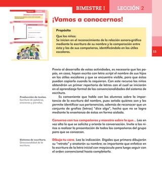 15
Producción de textos.
Escritura de palabras,
oraciones y párrafos.
Sistema de escritura.
Direccionalidad de la
escritura.
11
BIMESTRE I LECCIÓN 2
¡Vamos a conocernos!
Conversa con tus compañeros y maestro sobre lo que pueden
hacer para conocerse.
Dibuja tu cara.
Escribe lo que se pide.
Me llamo
.
La primera letra de mi nombre
es .
Mi nombre tiene letras.
Diles a tus compañeros cómo te llamas y qué te gusta hacer.
E1ALUMNO_R.indd 11 06/06/14 20:35
¡Vamos a conocernos!
Propósito
Que los niños:
Se inicien en el reconocimiento de la relación sonoro-gráfica
mediante la escritura de su nombre y la comparación entre
ésta y las de sus compañeros, identificándola en los útiles
escolares.
Previo al desarrollo de estas actividades, es necesario que los pa-
pás, en casa, hayan escrito con letra script el nombre de sus hijos
en los útiles escolares y que se encuentre visible, para que éstos
puedan copiarlo cuando lo requieran. Con este recurso los niños
obtendrán un primer repertorio de letras con el cual se iniciarán
en el aprendizaje formal de las convencionalidades del sistema de
escritura.
Es conveniente que hable con los alumnos sobre la impor-
tancia de la escritura del nombre, pues señala quiénes son y les
permite identificar sus pertenencias, además de reconocer que un
conjunto de grafías (letras) “dice algo”, hecho que no se logra
mediante la enseñanza de éstas en forma aislada.
Conversa con tus compañeros y maestro sobre lo que... Lea en
voz alta lo que se solicita y oriente la conversación. Invite a los ni-
ños a realizar la presentación de todos los compañeros del grupo
para que se conozcan.
Dibuja tu cara. Lea la indicación. Dígales que primero dibujarán
su “retrato” y anotarán su nombre; es importante que enfatice en
la escritura de la letra inicial con mayúscula para luego seguir con
el orden convencional hasta completarlo.
BIMESTRE I LECCIÓN 2
E1MAESTRO_R2.indd 15 06/06/14 22:30
 