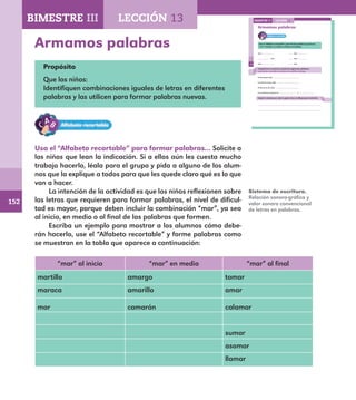 152
104
Armamos palabras
Usa el “Alfabeto recortable” para formar palabras que lleven
“mar” al inicio, en medio o al final y escríbelas.
mar mar
mar mar
mar mar
Completa las oraciones usando las siguientes palabras:
calamares, mareado, camarones, amarillo, amargo.
El marinero está .
La señora toma café .
El barco es de color .
Los marineros pescaron y .
Copia la oración que más te guste y haz un dibujo para ilustrarla.
LECCIÓN 13BIMESTRE III
E1ALUMNO_R.indd 104 06/06/14 20:37
Armamos palabras
Propósito
Que los niños:
Identifiquen combinaciones iguales de letras en diferentes
palabras y las utilicen para formar palabras nuevas.
Usa el “Alfabeto recortable” para formar palabras… Solicite a
los niños que lean la indicación. Si a ellos aún les cuesta mucho
trabajo hacerlo, léala para el grupo y pida a alguno de los alum-
nos que la explique a todos para que les quede claro qué es lo que
van a hacer.
La intención de la actividad es que los niños reflexionen sobre
las letras que requieren para formar palabras, el nivel de dificul-
tad es mayor, porque deben incluir la combinación “mar”, ya sea
al inicio, en medio o al final de las palabras que formen.
Escriba un ejemplo para mostrar a los alumnos cómo debe-
rán hacerlo, use el “Alfabeto recortable” y forme palabras como
se muestran en la tabla que aparece a continuación:
“mar” al inicio “mar” en medio “mar” al final
martillo amargo tomar
maraca amarillo amar
mar camarón calamar
sumar
asomar
llamar
Sistema de escritura.
Relación sonoro-gráfica y
valor sonoro convencional
de letras en palabras.
BIMESTRE III LECCIÓN 13
E1MAESTRO_R2.indd 152 06/06/14 22:31
 