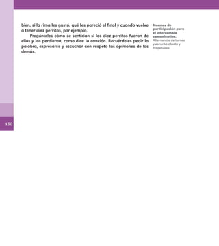 160
bien, si la rima les gustó, qué les pareció el final y cuando vuelve
a tener diez perritos, por ejemplo.
Pregúnteles cómo se sentirían si los diez perritos fueran de
ellos y los perdieran, como dice la canción. Recuérdeles pedir la
palabra, expresarse y escuchar con respeto las opiniones de los
demás.
Normas de
participación para
el intercambio
comunicativo.
Alternancia de turnos
y escucha atenta y
respetuosa.
E1MAESTRO_R2.indd 160 06/06/14 22:31
 