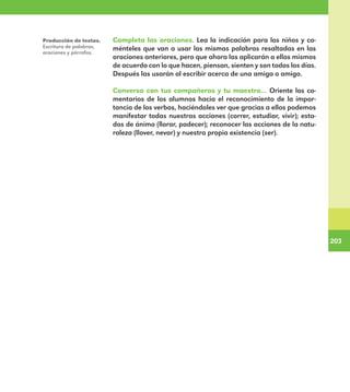 203
203
Completa las oraciones. Lea la indicación para los niños y co-
ménteles que van a usar las mismas palabras resaltadas en las
oraciones anteriores, pero que ahora las aplicarán a ellos mismos
de acuerdo con lo que hacen, piensan, sienten y son todos los días.
Después las usarán al escribir acerca de una amiga o amigo.
Conversa con tus compañeros y tu maestro… Oriente los co-
mentarios de los alumnos hacia el reconocimiento de la impor-
tancia de los verbos, haciéndoles ver que gracias a ellos podemos
manifestar todas nuestras acciones (correr, estudiar, vivir); esta-
dos de ánimo (llorar, padecer); reconocer las acciones de la natu-
raleza (llover, nevar) y nuestra propia existencia (ser).
Producción de textos.
Escritura de palabras,
oraciones y párrafos.
E1MAESTRO_R2.indd 203 06/06/14 22:31
 