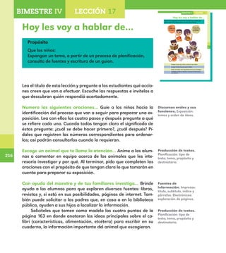216
216
165
Hoy les voy a hablar de…
Numera las siguientes oraciones de acuerdo con el orden que
debes seguir para hablar sobre un tema ante el grupo.
Ensayar lo que voy a decir y cómo lo voy a decir.
Escoger el tema del que quiero hablar.
Anotar las ideas más importantes de lo que investigué.
Investigar en libros, revistas o internet la información
que necesito.
LECCIÓN 17BIMESTRE IV
Voy a
hablar de
los tigres.
Ya sé, voy
a hablar de
las jirafas.
E1ALUMNO_R.indd 165 06/06/14 20:37
Hoy les voy a hablar de…
Propósito
Que los niños:
Expongan un tema, a partir de un proceso de planificación,
consulta de fuentes y escritura de un guion.
Lea el título de esta lección y pregunte a los estudiantes qué accio-
nes creen que van a efectuar. Escuche las respuestas e invítelos a
que descubran quién respondió acertadamente.
Numera las siguientes oraciones… Guíe a los niños hacia la
identificación del proceso que van a seguir para preparar una ex-
posición. Lea con ellos los cuatro pasos y después pregunte a qué
se refiere cada uno. Cuando todos tengan claro el significado de
éstos pregunte: ¿cuál se debe hacer primero?, ¿cuál después? Pí-
dales que registren los números correspondientes para ordenar-
los; así podrán consultarlos cuando lo requieran.
Escoge un animal que te llame la atención… Anime a los alum-
nos a comentar en equipo acerca de los animales que les inte-
resaría investigar y por qué. Al terminar, pida que completen las
oraciones con el propósito de que tengan claro lo que tomarán en
cuenta para preparar su exposición.
Con ayuda del maestro y de tus familiares investiga… Brinde
ayuda a los alumnos para que exploren diversas fuentes: libros,
revistas y, si está en sus posibilidades, páginas de internet. Tam-
bién puede solicitar a los padres que, en casa o en la biblioteca
pública, ayuden a sus hijos a localizar la información.
Solicíteles que tomen como modelo los cuatro puntos de la
página 163 en donde anotaron las ideas principales sobre el co-
librí (características, alimentación, etcétera) para escribir en su
cuaderno, la información importante del animal que escogieron.
Discursos orales y sus
funciones. Exposición:
temas y orden de ideas.
Producción de textos.
Planificación: tipo de
texto, tema, propósito y
destinatario.
Fuentes de
información. Impresas:
título, subtítulo, índice y
párrafos. Electrónicas:
exploración de páginas.
Producción de textos.
Planificación: tipo de
texto, tema, propósito y
destinatario.
BIMESTRE IV LECCIÓN 4BIMESTRE IV LECCIÓN 17
E1MAESTRO_R2.indd 216 06/06/14 22:31
 