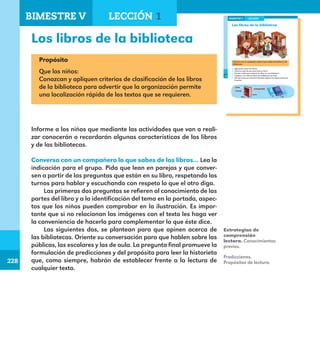 228
228
174
Los libros de la biblioteca
Conversa con un compañero sobre lo que sabes de los libros y las
bibliotecas.
¿Qué partes tienen los libros?
¿Cómo se sabe de qué tema trata un libro?
¿En qué se fijan para ordenar los libros en una biblioteca?
¿Llegaron a tu salón los libros de la Biblioteca de Aula?
¿De qué crees que tratará la historieta Llegaron los libros y para qué
la leerás?
BIMESTRE V LECCIÓN 1
E1ALUMNO_R.indd 174 06/06/14 20:38
Los libros de la biblioteca
Propósito
Que los niños:
Conozcan y apliquen criterios de clasificación de los libros
de la biblioteca para advertir que la organización permite
una localización rápida de los textos que se requieren.
Informe a los niños que mediante las actividades que van a reali-
zar conocerán o recordarán algunas características de los libros
y de las bibliotecas.
Conversa con un compañero lo que sabes de los libros… Lea la
indicación para el grupo. Pida que lean en parejas y que conver-
sen a partir de las preguntas que están en su libro, respetando los
turnos para hablar y escuchando con respeto lo que el otro diga.
Las primeras dos preguntas se refieren al conocimiento de las
partes del libro y a la identificación del tema en la portada, aspec-
tos que los niños pueden comprobar en la ilustración. Es impor-
tante que si no relacionan las imágenes con el texto les haga ver
la conveniencia de hacerlo para complementar lo que éste dice.
Las siguientes dos, se plantean para que opinen acerca de
las bibliotecas. Oriente su conversación para que hablen sobre las
públicas, las escolares y las de aula. La pregunta final promueve la
formulación de predicciones y del propósito para leer la historieta
que, como siempre, habrán de establecer frente a la lectura de
cualquier texto.
Estrategias de
comprensión
lectora. Conocimientos
previos.
Predicciones.
Propósitos de lectura.
BIMESTRE V LECCIÓN 1
E1MAESTRO_R2.indd 228 09/06/14 18:41
 