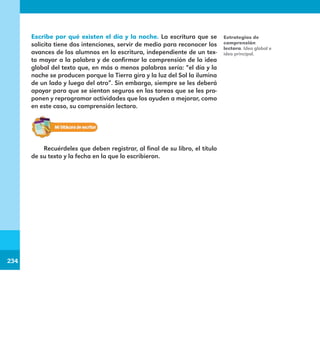 234
234
Escribe por qué existen el día y la noche. La escritura que se
solicita tiene dos intenciones, servir de medio para reconocer los
avances de los alumnos en la escritura, independiente de un tex-
to mayor a la palabra y de confirmar la comprensión de la idea
global del texto que, en más o menos palabras sería: “el día y la
noche se producen porque la Tierra gira y la luz del Sol la ilumina
de un lado y luego del otro”. Sin embargo, siempre se les deberá
apoyar para que se sientan seguros en las tareas que se les pro-
ponen y reprogramar actividades que los ayuden a mejorar, como
en este caso, su comprensión lectora.
Estrategias de
comprensión
lectora. Idea global e
idea principal.
Recuérdeles que deben registrar, al final de su libro, el título
de su texto y la fecha en la que lo escribieron.
E1MAESTRO_R2.indd 234 06/06/14 22:31
 