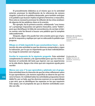 236
236
El procedimiento didáctico es el mismo que en la actividad
anterior, promover la identificación de la referencia de número
singular o plural en la palabra destacada, pero también anticipar
si la palabra que buscan implica al género femenino o masculino.
Para esto es necesario promover la reflexión de los niños analizan-
do algunas de las palabras clave en la oración.
Por ejemplo, lea la primera oración, enfatizando “una inmen-
sa” y proponga respuestas con género masculino, como “balón”,
para que identifiquen la falta de concordancia y la corrijan al dar-
se cuenta; esto los llevará a buscar una palabra que la complete
adecuadamente.
Después, algún niño puede leer otra oración para que el gru-
po dé la respuesta y explique por qué es adecuada la palabra que
propone.
Dibuja en el lado izquierdo lo que acostumbras hacer… La in-
tención de esta actividad es que los alumnos comprendan y sigan
la indicación, por lo que es importante que la lean individualmen-
te y luego la comenten con el grupo.
Escribe la respuesta de la siguiente pregunta. Esta actividad
complementa la anterior y da oportunidad para que los niños re-
lacionen el contenido del texto que leyeron con sus experiencias
en la vida diaria. Apoye a los niños que aún requieren ayuda para
escribir.
Marca con una lo que aprendiste y platícalo con el grupo.
Esta actividad tiene la intención de que los niños reflexionen sobre
lo que aprendieron y de manera específica se observe de qué ma-
nera lo hacen. En realidad todas las actividades propuestas tienen
doble fin, por un lado, que los alumnos avancen en su aprendizaje
y por otro, que se identifiquen los aspectos en los que requieren
más apoyo, con el propósito de que se diseñen actividades acor-
des con ello.
Sistema de escritura.
Singular y plural.
Concordancia de género y
número.
Producción de
textos. Escritura de
palabras, oraciones y
párrafos.
E1MAESTRO_R2.indd 236 06/06/14 22:31
 