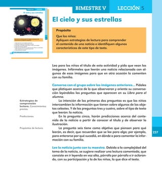 237
237
El cielo y sus estrellas
183
El cielo y sus estrellas
Conversa con el grupo sobre las imágenes anteriores y las
respuestas de las siguientes preguntas.
1. ¿Qué observas en las imágenes anteriores?
2. ¿Cuándo se pueden ver las estrellas en el cielo?
3. ¿Has leído o escuchado noticias sobre el cielo y sus estrellas?
4. ¿Para qué se leen las noticias?
5. ¿Qué crees que informará una noticia que dice “Venus se cruzó frente
al Sol, trayecto que no se repetirá hasta 2117?
6. ¿Para qué leerás la noticia?
Lee la noticia junto con tu maestro.
BIMESTRE V LECCIÓN 5
E1ALUMNO_R.indd 183 06/06/14 20:38
Propósito
Que los niños:
Apliquen estrategias de lectura para comprender
el contenido de una noticia e identifiquen algunas
características de este tipo de texto.
Lea para los niños el título de esta actividad y pida que vean las
imágenes. Infórmeles que leerán una noticia relacionada con al-
gunas de esas imágenes para que en otra ocasión la comenten
con su familia.
Conversa con el grupo sobre las imágenes anteriores… Pídales
que platiquen acerca de lo que observaron y oriente su conversa-
ción leyéndoles las preguntas que aparecen en su Libro para el
alumno.
La intención de las primeras dos preguntas es que los niños
intercambien la información que tienen sobre algunos de los obje-
tos celestes. Y de las preguntas tres y cuatro, sobre el tipo de texto
que leerán: la noticia.
En la pregunta cinco, harán predicciones acerca del conte-
nido de la noticia a partir de conocer el título y de observar la
ilustración.
La pregunta seis tiene como objetivo que piensen para qué
leerán, es decir, que recuerden que se lee para algo; por ejemplo,
para enterarse por qué sucedió, en dónde o para comentar la infor-
mación con su familia.
Lee la noticia junto con tu maestro. Debido a la complejidad del
tema de la noticia, se sugiere realizar una lectura comentada, que
consiste en ir leyendo en voz alta, párrafo por párrafo e ir aclaran-
do, con su participación y la de los niños, lo que dice el texto.
Estrategias de
comprensión
lectora. Conocimientos
previos.
Predicciones.
Propósitos de lectura.
BIMESTRE V LECCIÓN 5
E1MAESTRO_R2.indd 237 06/06/14 22:31
 