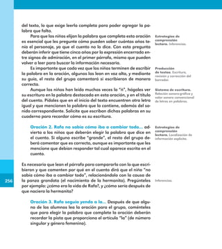 256
256
del texto, lo que exige leerla completa para poder agregar la pa-
labra que falta.
Para que los niños elijan la palabra que completa esta oración
es esencial que les pregunte cómo pueden saber cuántos años te-
nía el personaje, ya que el cuento no lo dice. Con esta pregunta
deberán inferir que tiene cinco años por la expresión encerrada en-
tre signos de admiración, en el primer párrafo, mismo que pueden
volver a leer para buscar la información necesaria.
Es importante que cada vez que los niños terminen de escribir
la palabra en la oración, algunos las lean en voz alta, y mediante
su guía, el resto del grupo comentará si escribieron de manera
correcta.
Aunque los niños han leído muchas veces la “ñ”, hágales ver
su escritura en la palabra destacada en esta oración, y en el título
del cuento. Pídales que en el inicio del texto encuentren otra letra
igual y que mencionen la palabra que la contiene, además del so-
nido correspondiente. Solicite que escriban dichas palabras en su
cuaderno para recordar cómo es su escritura.
Oración 2. Rafa no sabía cómo iba a cambiar todo… ad-
vierta a los niños que deberán elegir la palabra que dice en
el cuento. Si alguno escribe “grande”, el resto del grupo de-
berá comentar que es correcto, aunque es importante que les
mencione que debían responder tal cual aparece escrito en el
cuento.
Es necesario que lean el párrafo para compararlo con lo que escri-
bieron y que comenten por qué en el cuento dirá que el niño “no
sabía cómo iba a cambiar todo”, relacionándolo con la causa de
la panza grandota (el nacimiento de la hermanita). Pregúnteles
por ejemplo: ¿cómo era la vida de Rafa?, y ¿cómo sería después de
que naciera la hermanita?
Oración 3. Rafa seguía yendo a la… Después de que algu-
no de los alumnos lea la oración para el grupo, coménteles
que para elegir la palabra que complete la oración deberán
recordar la pista que proporciona el artículo “la” (de número
singular y género femenino).
Estrategias de
comprensión
lectora. Inferencias.
Producción
de textos. Escritura,
revisión y corrección del
borrador.
Sistema de escritura.
Relación sonoro-gráfica y
valor sonoro convencional
de letras en palabras.
Estrategias de
comprensión
lectora. Localización de
información explícita.
Inferencias.
E1MAESTRO_R2.indd 256 06/06/14 22:31
 