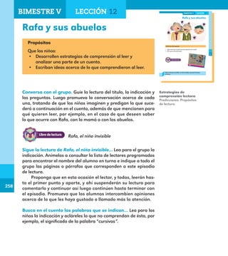 258
258
199
Rafa y sus abuelos
Conversa con el grupo.
¿Qué crees que sucederá en este episodio del cuento?
¿Por qué te interesa leerlo?
Sigue la lectura de Rafa, el niño invisible, que hará el lector
en turno.
LECCIÓN 12BIMESTRE V
E1ALUMNO_R.indd 199 06/06/14 20:38
Rafa y sus abuelos
Propósitos
Que los niños:
•	 Desarrollen estrategias de comprensión al leer y
analizar una parte de un cuento.
•	 Escriban ideas acerca de lo que comprendieron al leer.
Conversa con el grupo. Guíe la lectura del título, la indicación y
las preguntas. Luego promueva la conversación acerca de cada
una, tratando de que los niños imaginen y predigan lo que suce-
derá a continuación en el cuento, además de que mencionen para
qué quieren leer, por ejemplo, en el caso de que deseen saber
lo que ocurre con Rafa, con la mamá o con los abuelos.
Sigue la lectura de Rafa, el niño invisible… Lea para el grupo la
indicación. Anímelos a consultar la lista de lectores programados
para encontrar el nombre del alumno en turno e indique a todo el
grupo las páginas o párrafos que corresponden a este episodio
de lectura.
Proponga que en esta ocasión el lector, y todos, leerán has-
ta el primer punto y aparte, y ahí suspenderán su lectura para
comentarlo y continuar así luego continúen hasta terminar con
el episodio. Promueva que los alumnos intercambien opiniones
acerca de lo que les haya gustado o llamado más la atención.
Busca en el cuento las palabras que se indican… Lea para los
niños la indicación y acláreles lo que no comprendan de ésta, por
ejemplo, el significado de la palabra “cursivas”.
Estrategias de
comprensión lectora.
Predicciones. Propósitos
de lectura.
Rafa, el niño invisible
BIMESTRE V LECCIÓN 12
E1MAESTRO_R2.indd 258 06/06/14 22:31
 
