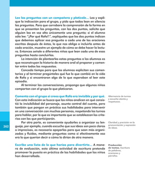 262
262
Lee las preguntas con un compañero y platícale… Lea y expli-
que la indicación para el grupo, y pida que todos lean en silencio
las preguntas. Para que corrobore la comprensión de la forma en
que se presentan las preguntas, con los dos puntos, solicite que
alguien lea en voz alta únicamente una pregunta; si el alumno
sólo lee: “¿Por qué Rafa?:”, explíqueles que los dos puntos indican
que debemos aplicar esa pregunta a cada una de las oraciones
escritas después de éstos, lo que nos obliga a incluirla antes de
cada oración, muestre un ejemplo de cómo se debe hacer la lectu-
ra. Entonces señale a diferentes niños que lean cada una de esas
preguntas hasta concluirlas.
La intención de plantearles estas preguntas a los alumnos es
que reconstruyan la historia de manera oral al proponer y comen-
tar entre todos las respuestas.
Conceda tiempo para que los alumnos expliciten sus comen-
tarios y al terminar pregúnteles qué fue lo que cambió en la vida
de Rafa y si encontraron algo de lo que esperaban al leer este
episodio.
Al terminar las conversaciones, proponga que algunos niños
compartan con el grupo lo que platicaron.
Comenta con el grupo si crees que Rafa era invisible y por qué.
Con esta indicación se busca que los niños analicen en qué consis-
tió la invisibilidad del personaje, asunto central del cuento, pero
también que pongan en práctica sus habilidades para intervenir
en una conversación con muchas personas, respetando los turnos
para hablar, por lo que es importante que se establezcan los crite-
rios con los que participarán.
Por otra parte, es conveniente ayudarles a organizar su len-
guaje, por ejemplo, cuando escuche que sus ideas son poco claras
o imprecisas, es necesario apoyarlos para que sean más organi-
zadas y fluidas, mediante preguntas como si efectivamente eso
era lo que querían decir o cómo lo dirían de otra manera.
Escribe una lista de lo que harías para divertirte… A mane-
ra de evaluación, esta última actividad de escritura pretende
promover la puesta en práctica de las habilidades que los niños
han desarrollado.
Alternancia de turnos
y escucha atenta y
respetuosa.
Claridad y precisión en la
pronunciación y expresión
de ideas.
Producción
de textos. Escritura
de palabras,
oraciones y
párrafos.
E1MAESTRO_R2.indd 262 06/06/14 22:31
 
