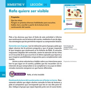 264
264
204
Rafa quiere ser visible
Comenta con el grupo.
¿Qué crees que le pasará a Rafa en el siguiente episodio de lectura?
¿Para qué lo leerás?
Continúa la lectura del cuento junto con el lector en turno.
LECCIÓN 14BIMESTRE V
E1ALUMNO_R.indd 204 06/06/14 20:38
Rafa quiere ser visible
Propósito
Que los niños:
Pongan en práctica diversas habilidades para escuchar,
hablar, leer y escribir a partir de la lectura de la
continuación del cuento.
Pida a los alumnos que lean el título de esta actividad e informe
que continuarán con la lectura del cuento, mediante el uso de algu-
nas estrategias que les permitirán mejorar su comprensión lectora.
Comenta con el grupo. Lea la indicación para el grupo y pida que
algún alumno lea la primera pregunta y que el grupo responda
lo que imagina que continuará en la historia de Rafa. Si escucha
respuestas alejadas del contenido, centre la atención de los niños
en el recuerdo de lo que ocurrió en el último episodio que leyeron y
que imaginen posibilidades congruentes para complementar este
cuento.
Anime a otros voluntarios a hablar sobre sus intenciones para
leer lo que sigue en el cuento y pídales que las recuerden con la
intención de que comprueben si se cumplieron o no y que en deter-
minado momento comparen en qué fueron diferentes.
Continúa la lectura del cuento junto con el lector en turno. Nue-
vamente solicite que algún alumno consulte la lista de lectores y
pida al compañero que corresponde que lea en voz alta para to-
dos. Indique al grupo que vayan leyendo junto con el nuevo lector.
Estrategias de
comprensión
lectora. Predicciones.
Propósitos de lectura.
Rafa, el niño invisible
BIMESTRE V LECCIÓN 14
E1MAESTRO_R2.indd 264 06/06/14 22:32
 