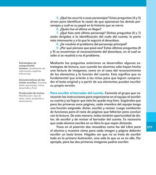 273
273
5.	¿Qué les ocurrió a esos personajes? Estas preguntas (4 y 5)
sirven para identificar la razón de que aparezcan los demás per-
sonajes y cuál es su papel en la historia que se narra.
6.	¿Quién fue el último en llegar?
7.	¿Qué hizo este último personaje? Dichas preguntas (6 y 7)
están dirigidas a la identificación del nudo del cuento, la parte
más interesante y a la que le seguirá el desenlace.
8.	¿Se resolvió el problema del personaje principal?
9.	¿Por qué piensas que pasó eso? Estas últimas preguntas (8
y 9) se encaminan al reconocimiento del desenlace, en el cual se
sabe si se resolvió o no el problema.
Mediante las preguntas anteriores se desarrollan algunas es-
trategias de lectura, aun cuando los alumnos sólo hayan hecho
una lectura de imágenes; como en el caso del reconocimiento
de los elementos y la función del cuento. Esto significa que es
fundamental que oriente a los niños para que logren compren-
der el texto original y a partir de sus elementos puedan escribir
su propia versión.
Para escribir el borrador del cuento. Comente al grupo que co-
nocerán las instrucciones para organizarse en el equipo al escribir
su cuento y así lograr que éste les quede muy bien. Sugiérales que
para las primeras once páginas, cada miembro del equipo tenga
una función asignada: dictar, escribir y revisar. Luego cambiarán
de funciones para el resto de páginas que faltarían para concluir
con la lectura. De esta manera, todos tendrán oportunidad de dic-
tar, de escribir y de revisar el borrador del cuento. Es necesario
que cada alumno escriba en su libro lo que vayan dictando.
Trace en el pizarrón dos recuadros como los del Libro para
el alumno y muestre cómo para cada imagen y página deberán
escribir un texto breve. Hágales ver que no se trata de escribir
todo en la primera ilustración, sino sólo lo que se ve en ella. Por
ejemplo, para las dos primeras imágenes podría escribir:
Estrategias de
comprensión
lectora. Localización de
información explícita.
Inferencias.
Características de los
textos escritos. Cuentos:
título, personajes, inicio,
desarrollo y final.
Producción de textos.
Planificación: tipo de
texto, tema, propósito y
destinatario.
E1MAESTRO_R2.indd 273 06/06/14 22:32
 