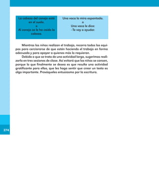 274
274
La cabeza del conejo está
en el suelo.
o
Al conejo se le ha caído la
cabeza.
Una vaca lo mira espantada.
o
Una vaca le dice:
–Te voy a ayudar.
Mientras los niños realizan el trabajo, recorra todos los equi-
pos para cerciorarse de que estén haciendo el trabajo en forma
adecuada y para apoyar a quienes más lo requieran.
Debido a que se trata de una actividad larga, sugerimos reali-
zarla en tres sesiones de clase. Así evitará que los niños se cansen,
porque lo que finalmente se desea es que resulte una actividad
gratificante para ellos, que les haga sentir que crear un texto es
algo importante. Provóqueles entusiasmo por la escritura.
E1MAESTRO_R2.indd 274 06/06/14 22:32
 