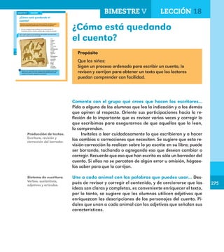 275
275
¿Cómo está quedando
el cuento?
Propósito
Que los niños:
Sigan un proceso ordenado para escribir un cuento, lo
revisen y corrijan para obtener un texto que los lectores
puedan comprender con facilidad.
212
¿Cómo está quedando el
cuento?
Comenta con el grupo qué crees que hacen los escritores para
que los cuentos les queden bien y a los lectores les gusten.
Lee con tu equipo lo que escribieron en la clase anterior. Si
encuentran errores o quieren cambiar algo, corrijan lo necesario.
Une a cada animal con las palabras que puedes usar para decir
cómo son y cómo se ven en el cuento.
loco
mágico
pinta
chistoso
listo
horroroso
negro
descabezado
narigón
picudo
cabezón
alta
escandalosa
enredado
asustada
enorme
gorda
larga
orejón
cornuda
inteligente
Revisa si en el borrador del cuento usaron palabras para decir
cómo son y cómo se ven los animales de acuerdo con lo que
sucede en el cuento. Agrega las necesarias.
LECCIÓN 18BIMESTRE V
E1ALUMNO_R.indd 212 06/06/14 20:38
Comenta con el grupo qué crees que hacen los escritores...
Pida a alguno de los alumnos que lea la indicación y a los demás
que opinen al respecto. Oriente sus participaciones hacia la re-
flexión de lo importante que es revisar varias veces y corregir lo
que escribimos para asegurarnos de que aquellos que lo lean,
lo comprendan.
Invítelos a leer cuidadosamente lo que escribieron y a hacer
los cambios o correcciones que necesiten. Se sugiere que esta re-
visión-corrección la realicen sobre lo ya escrito en su libro; puede
ser borrando, tachando o agregando eso que desean cambiar o
corregir. Recuerde que eso que han escrito es sólo un borrador del
cuento. Si ellos no se percatan de algún error u omisión, hágase-
los saber para que lo corrijan.
Une a cada animal con las palabras que puedes usar… Des-
pués de revisar y corregir el contenido, y de cerciorarse que las
ideas son claras y completas, es conveniente enriquecer el texto,
por lo tanto, se sugiere que los alumnos utilicen adjetivos que
enriquezcan las descripciones de los personajes del cuento. Pí-
dales que unan a cada animal con los adjetivos que señalan sus
características.
Producción de textos.
Escritura, revisión y
corrección del borrador.
Sistema de escritura.
Verbos, sustantivos,
adjetivos y artículos.
BIMESTRE V LECCIÓN 18
E1MAESTRO_R2.indd 275 06/06/14 22:32
 