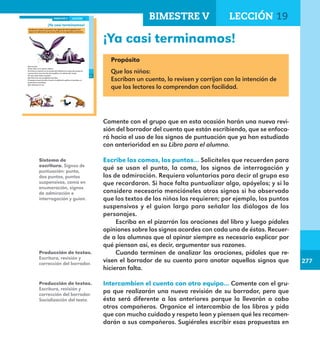 277
277
¡Ya casi terminamos!
213
¡Ya casi terminamos!
Escribe las comas, los puntos, los signos de interrogación y los
signos de admiración que hacen falta en las siguientes oraciones.
Qué te pasó
Santo cielo, se te cayó la cabeza
Se formó un animal con la trompa del elefante las orejas del conejo los
cuernos de la vaca las alas de la gallina y la cabeza del conejo
Por qué están todos revueltos
Qué listo eres nos arreglaste muy bien
El conejo la vaca la jirafa el tucán el elefante la gallina el tecolote y el
pavorreal se mezclaron
Qué chistosos se ven
LECCIÓN 19BIMESTRE V
E1ALUMNO_R.indd 213 06/06/14 20:38
Propósito
Que los niños:
Escriban un cuento, lo revisen y corrijan con la intención de
que los lectores lo comprendan con facilidad.
Comente con el grupo que en esta ocasión harán una nueva revi-
sión del borrador del cuento que están escribiendo, que se enfoca-
rá hacia el uso de los signos de puntuación que ya han estudiado
con anterioridad en su Libro para el alumno.
Escribe las comas, los puntos… Solicíteles que recuerden para
qué se usan el punto, la coma, los signos de interrogación y
los de admiración. Requiera voluntarios para decir al grupo eso
que recordaron. Si hace falta puntualizar algo, apóyelos; y si lo
considera necesario mencióneles otros signos si ha observado
que los textos de los niños los requieren; por ejemplo, los puntos
suspensivos y el guion largo para señalar los diálogos de los
personajes.
Escriba en el pizarrón las oraciones del libro y luego pídales
opiniones sobre los signos acordes con cada una de éstas. Recuer-
de a los alumnos que al opinar siempre es necesario explicar por
qué piensan así, es decir, argumentar sus razones.
Cuando terminen de analizar las oraciones, pídales que re-
visen el borrador de su cuento para anotar aquellos signos que
hicieran falta.
Intercambien el cuento con otro equipo… Comente con el gru-
po que realizarán una nueva revisión de su borrador, pero que
ésta será diferente a las anteriores porque la llevarán a cabo
otros compañeros. Organice el intercambio de los libros y pida
que con mucho cuidado y respeto lean y piensen qué les recomen-
darán a sus compañeros. Sugiérales escribir esas propuestas en
Sistema de
escritura. Signos de
puntuación: punto,
dos puntos, puntos
suspensivos, coma en
enumeración, signos
de admiración e
interrogación y guion.
Producción de textos.
Escritura, revisión y
corrección del borrador.
Producción de textos.
Escritura, revisión y
corrección del borrador.
Socialización del texto.
BIMESTRE V LECCIÓN 19
E1MAESTRO_R2.indd 277 06/06/14 22:32
 