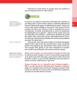 51
Promueva la conversación en parejas para que analicen lo
que corresponde anotar en cada oración.
Si observa que algunos niños tienen dificultad para entender lo
que deben hacer o para escribir, motive su reflexión utilizando las
tiras del “Material de apoyo a la alfabetización inicial”, donde está
escrita cada oración dividida en dos partes. Trate de que las lean
y juegue con ellos a que alteren el orden o acomoden las que no
corresponden; al leerlas, probablemente se reirán al comprender
los significados que se generan —algunos de los cuales verán que
son imposibles en la realidad—, mientras que identifican las partes
que deben estar juntas para formar adecuadamente las oracio-
nes del juego. Este ejercicio les facilitará la escritura de las palabras
que dicen “en dónde está…”.
Trate de que, ante cada nueva imagen se formule la pregunta:
¿dónde está?, y lean lo que dice el texto junto a éstas, así podrán
pensar en las palabras que completarán cada oración, hasta con-
cluir el juego. Otra opción es que entre compañeros se ayuden;
esto resulta muy clarificador para quienes requieren apoyo.
Platica con tu grupo, ¿en qué consistió el juego al revés? Lea
la indicación para el grupo e inicie la conversación preguntando
si les gustó esta parte del juego y qué piensan sobre cómo está
formado, es decir, en qué consistió. Motívelos para que todos ex-
presen sus ideas, explicaciones u opiniones.
Ensaya el juego con un compañero para después jugarlo…
Pida a un niño que lea la indicación para el grupo e invítelos a
elegir a un compañero para memorizar el juego y ensayarlo, final-
mente van a decirlo en su casa y retar a sus familiares a repetir las
oraciones en el orden directo e inverso.
Interpretación de
palabras y expresiones
a partir del significado
global y específico.
Relación imagen-texto.
Sistema de escritura.
Relación sonoro-gráfica y
valor sonoro convencional
de letras en palabras.
E1MAESTRO_R2.indd 51 06/06/14 22:30
 
