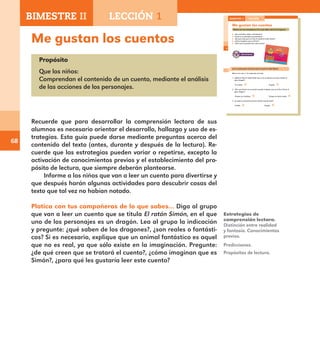 68
Me gustan los cuentos
Propósito
Que los niños:
Comprendan el contenido de un cuento, mediante el análisis
de las acciones de los personajes.
Recuerde que para desarrollar la comprensión lectora de sus
alumnos es necesario orientar el desarrollo, hallazgo y uso de es-
trategias. Esta guía puede darse mediante preguntas acerca del
contenido del texto (antes, durante y después de la lectura). Re-
cuerde que las estrategias pueden variar o repetirse, excepto la
activación de conocimientos previos y el establecimiento del pro-
pósito de lectura, que siempre deberán plantearse.
Informe a los niños que van a leer un cuento para divertirse y
que después harán algunas actividades para descubrir cosas del
texto que tal vez no habían notado.
Platica con tus compañeros de lo que sabes… Diga al grupo
que van a leer un cuento que se titula El ratón Simón, en el que
uno de los personajes es un dragón. Lea al grupo la indicación
y pregunte: ¿qué saben de los dragones?, ¿son reales o fantásti-
cos? Si es necesario, explique que un animal fantástico es aquel
que no es real, ya que sólo existe en la imaginación. Pregunte:
¿de qué creen que se tratará el cuento?, ¿cómo imaginan que es
Simón?, ¿para qué les gustaría leer este cuento?
Predicciones.
Propósitos de lectura.
Estrategias de
comprensión lectora.
Distinción entre realidad
y fantasía. Conocimientos
previos.
BIMESTRE II LECCIÓN 1
48
Me gustan los cuentos
Platica con tus compañeros de lo que sabes sobre los dragones.
¿Son animales reales o fantásticos?
¿Cuál es su principal característica?
¿De qué crees que se trata el cuento El ratón Simón?
¿Cómo imaginas que es Simón?
¿Para qué te gustaría leer este cuento?
Lee el cuento para enterarte qué le pasó al ratón Simón.
Marca con una la respuesta correcta.
1. ¿Quién le dijo al ratón Simón que si no se dormía se lo iba a llevar el
gran dragón?
Su mamá. El gato.
2. ¿Por qué Simón no se asustó cuando le dijeron que se lo iba a llevar el
gran dragón?
Porque era miedoso. Porque no tenía miedo.
3. ¿A quién se encontró primero Simón cuando salió?
Al lobo. Al gato.
BIMESTRE II LECCIÓN 1
E1ALUMNO_R.indd 48 06/06/14 20:36
E1MAESTRO_R2.indd 68 06/06/14 22:30
 