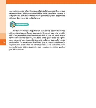 70
conveniente, pida a los niños que, al pie del dibujo, escriban lo que
representaron, mediante una oración breve, palabras sueltas, o
simplemente con los nombres de los personajes; todo dependerá
del nivel de avance de cada alumno.
Invite a los niños a registrar en su historia lectora los datos
del cuento, si es que fue de su agrado. Recuerde que esta sección
del Libro para el alumno busca contribuir a que los niños vayan
formándose como lectores, con base en lo que a ellos les signifi-
que; no como algo impuesto, sino marcado por sus preferencias
personales. Por esta razón, los libros que se registren sólo serán
aquellos que a los niños les hayan gustado. Si lo considera perti-
nente, también podría sugerirles que registren los textos que ha-
yan leído en casa.
	
E1MAESTRO_R2.indd 70 06/06/14 22:30
 