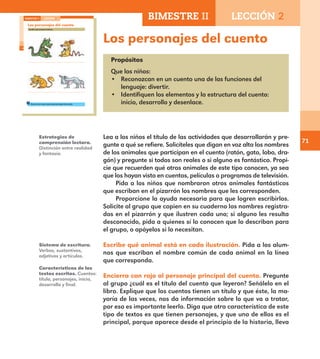 71
Los personajes del cuento
Propósitos
Que los niños:
•	 Reconozcan en un cuento una de las funciones del
lenguaje: divertir.
•	 Identifiquen los elementos y la estructura del cuento:
inicio, desarrollo y desenlace.
Lea a los niños el título de las actividades que desarrollarán y pre-
gunte a qué se refiere. Solicíteles que digan en voz alta los nombres
de los animales que participan en el cuento (ratón, gato, lobo, dra-
gón) y pregunte si todos son reales o si alguno es fantástico. Propi-
cie que recuerden qué otros animales de este tipo conocen, ya sea
que los hayan visto en cuentos, películas o programas de televisión.
Pida a los niños que nombraron otros animales fantásticos
que escriban en el pizarrón los nombres que les corresponden.
Proporcione la ayuda necesaria para que logren escribirlos.
Solicite al grupo que copien en su cuaderno los nombres registra-
dos en el pizarrón y que ilustren cada uno; si alguno les resulta
desconocido, pida a quienes sí lo conocen que lo describan para
el grupo, o apóyelos si lo necesitan.
Escribe qué animal está en cada ilustración. Pida a los alum-
nos que escriban el nombre común de cada animal en la línea
que corresponda.
Encierra con rojo al personaje principal del cuento. Pregunte
al grupo ¿cuál es el título del cuento que leyeron? Señálelo en el
libro. Explique que los cuentos tienen un título y que éste, la ma-
yoría de las veces, nos da información sobre lo que va a tratar,
por eso es importante leerlo. Diga que otra característica de este
tipo de textos es que tienen personajes, y que uno de ellos es el
principal, porque aparece desde el principio de la historia, lleva
Estrategias de
comprensión lectora.
Distinción entre realidad
y fantasía.
Sistema de escritura.
Verbos, sustantivos,
adjetivos y artículos.
Características de los
textos escritos. Cuentos:
título, personajes, inicio,
desarrollo y final.
BIMESTRE II LECCIÓN 2
50
Los personajes del cuento
Escribe qué animal se ilustra.
Encierra con rojo al personaje principal del cuento.
BIMESTRE II LECCIÓN 2
E1ALUMNO_R.indd 50 06/06/14 20:36
E1MAESTRO_R2.indd 71 06/06/14 22:30
 