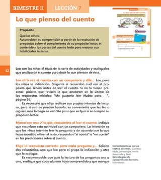 82
Lo que pienso del cuento
Propósito
Que los niños:
Autoevalúen su comprensión a partir de la resolución de
preguntas sobre el cumplimiento de su propósito lector, el
contenido y las partes del cuento leído para mejorar sus
habilidades lectoras.
Lea con los niños el título de la serie de actividades y explíqueles
que analizarán el cuento para decir lo que piensan de éste.
Lee otra vez el cuento con un compañero y dile… Lea para
los niños la indicación. Pregunte si recuerdan cuál era el pro-
pósito que tenían antes de leer el cuento. Si no lo tienen pre-
sente, pídales que revisen lo que anotaron en la última de
las respuestas iniciales: “Me gustaría leer Nubes para___”,
página 56.
Es necesario que ellos realicen sus propios intentos de lectu-
ra, pero si aún no pueden hacerlo, es conveniente que les lea o
alguien más lo haga en voz alta para que se fijen si se cumplió su
propósito lector.
Marca con una lo que descubriste al leer el cuento. Indique
que resuelvan esta actividad con un compañero. La intención es
que los niños intenten leer la pregunta y de acuerdo con lo que
haya sucedido al leer el texto, respondan “sí acerté” o “no acerté”
en las predicciones sobre el cuento.
Elige la respuesta correcta para cada pregunta y… Solicite
dos voluntarios, uno que lea para el grupo la indicación y otro
que la explique.
Es recomendable que guíe la lectura de las preguntas una a
una, verifique que cada alumno haya comprendido y que marque
Características de los
textos escritos. Cuentos:
título, personajes, inicio,
desarrollo y final.
Estrategias de
comprensión lectora.
Inferencias.
57
Lo que pienso del cuento
Lee otra vez el cuento con un compañero y dile si se cumplió tu
propósito.
1. ¿Cómo inicia el cuento?
El ratoncito y su madre vieron muchas figuras en las nubes.
Un ratoncito salió a pasear con su madre.
La nube se convirtió en un gato.
Marca con una lo que descubriste al
leer el cuento.
Sí acerté. No acerté.
Elige la respuesta correcta para cada
pregunta y márcala con una .
BIMESTRE II LECCIÓN 7
E1ALUMNO_R.indd 57 06/06/14 20:36
BIMESTRE II LECCIÓN 7
E1MAESTRO_R2.indd 82 06/06/14 22:30
 
