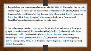 1. Las palabras que cuentan con las secuencia ua, ue, ui (huarache, huevo, huir, 
alcahuete), y las voces que inician con las secuencias ia, ie (hiato, hielo), herm 
(hermoso), histo (historia). Hog hogaza holg (holgazán), horm (hormiga), 
horr (horrible), hosp (hospital) y hum seguido de vocal (humanidad, 
humildad), con algunas excepciones en cada caso. 
2. Las palabras que inician como alguno de los siguientes elementos de origen 
griego: halo (halotecnia), hect/o (hectolitro), helico (helicoidal) helminto 
(helmíntico), helio (heliocéntrico) hema, hemo hemato (hematoma 
hemorragia), hemi (homicidio) hepat/o (hepático), hetero (heterogéneo) 
hex/a (hexagonal), hidr/o (hidráulico) higro (higroma) hiper (hiperactivo) 
homo (homogéneo). 
 