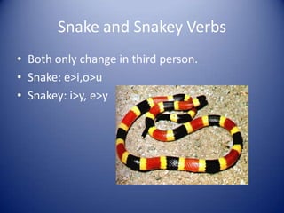 Snake and Snakey VerbsBoth only change in third person. Snake: e>i,o>uSnakey: i>y, e>y