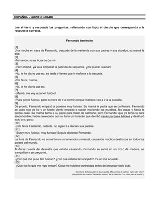 ESPAÑOL - QUINTO GRADO
Lee el texto y responde las preguntas, rellenando con lápiz el círculo que corresponda a la
respuesta correcta.
Fernando berrinche
[1]
Una noche en casa de Fernando, después de la merienda con sus padres y sus abuelos, su mamá le
dijo:
[2]
-Fernando, ya es hora de dormir.
[3]
- Pero mamá, ya va a empezar la película de vaqueros, ¿me puedo quedar?
[4]
-No, te he dicho que no, es tarde y tienes que ir mañana a la escuela.
[5]
-Por favor, mamá.
[6]
-No, te he dicho que no.
[7]
-¡Mamá, me voy a poner furioso!
[8]
-Pues ponte furioso, pero es hora de ir a dormir porque mañana vas a ir a la escuela.
[9]
De pronto, Fernando empezó a ponerse muy furioso. Su mamá le pedía que se controlara. Fernando
se puso rojo de ira y un fuerte viento empezó a soplar moviendo los muebles, las cosas y hasta la
propia casa. Su mamá llamó a su papá para tratar de calmarlo, pero Fernando, que ya tenía la cara
irreconocible, había provocado con su furia un huracán que derribó casas parques árboles y destruyó
todo a su paso.
[10]
-¡Por favor Fernando, detente, no sigas! Le decían sus padres.
[11]
-¡Estoy muy furioso, muy furioso! Seguía diciendo Fernando.
[12]
La furia de Fernando se convirtió en un terremoto universal, causando muchos destrozos en todos los
países del mundo.
[13]
Al darse cuenta del desastre que estaba causando, Fernando se sentó en un trozo de madera, se
tranquilizó y se preguntó:
[14]
-¿Por qué me puse tan furioso? ¿Por qué estaba tan enojado? Ya no me acuerdo.
[15]
-¿Qué fue lo que me hizo enojar? Ojalá me hubiera controlado antes de provocar todo esto.
Secretaría	
  de	
  Educación	
  de	
  Guanajuato.	
  Mis	
  cuentos	
  de	
  valores	
  “Aprender	
  a	
  Ser”.	
  	
  
(Adaptación	
  del	
  cuento	
  “Fernando	
  furioso”	
  de	
  la	
  colección	
  “Un	
  sillón	
  para	
  el	
  rincón”).	
  
 