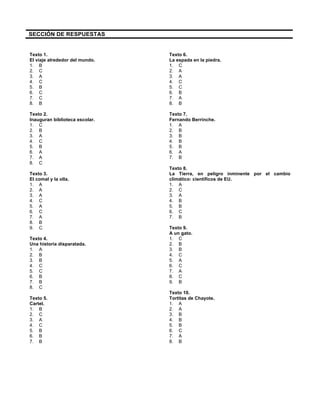 SECCIÓN DE RESPUESTAS
Texto 1.
El viaje alrededor del mundo.
1. B
2. C
3. A
4. C
5. B
6. C
7. C
8. B
Texto 2.
Inauguran biblioteca escolar.
1. C
2. B
3. A
4. C
5. B
6. A
7. A
8. C
Texto 3.
El comal y la olla.
1. A
2. A
3. A
4. C
5. A
6. C
7. A
8. B
9. C
Texto 4.
Una historia disparatada.
1. A
2. B
3. B
4. C
5. C
6. B
7. B
8. C
Texto 5.
Cartel.
1. B
2. C
3. A
4. C
5. B
6. B
7. B
Texto 6.
La espada en la piedra.
1. C
2. A
3. A
4. C
5. C
6. B
7. A
8. B
Texto 7.
Fernando Berrinche.
1. A
2. B
3. B
4. B
5. B
6. A
7. B
Texto 8.
La Tierra, en peligro inminente por el cambio
climático: científicos de EU.
1. A
2. C
3. A
4. B
5. B
6. C
7. B
Texto 9.
A un gato.
1. C
2. B
3. B
4. C
5. A
6. C
7. A
8. C
9. B
Texto 10.
Tortitas de Chayote.
1. A
2. A
3. B
4. B
5. B
6. C
7. A
8. B
 