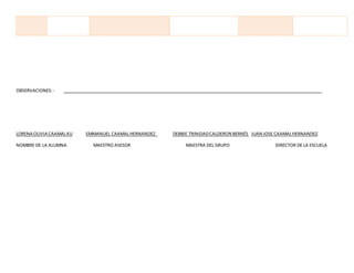 OBSERVACIONES:- __________________________________________________________________________________________________________
LORENA OLIVIA CAAMALKU EMMANUEL CAAMALHERNANDEZ DEBBIE TRINIDADCALDERON BERNÉS JUAN JOSE CAAMALHERNANDEZ
NOMBRE DE LA ALUMNA MAESTRO ASESOR MAESTRA DEL GRUPO DIRECTOR DE LA ESCUELA
 