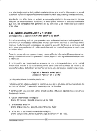 CONCEPTOS BASICOS
90
una relación jerárquica de igualdad con la tectónica y la erosión. De ese modo, en el
cuadro se reproduce aproximadamente la estructura de ese párrafo y de todo el escrito.
Más tarde, con sólo darle un vistazo a ese cuadro sinóptico, incluso mucho tiempo
después de haber realizado su lectura, el lector podrá recordar la estructura del texto
que leyó, los conceptos más generales de su contenido y las relaciones que existen
entre ellos.
2.40 ¡NOTICIAS GRANDES Y CHICAS!
Corresponde a la sesión de GA 6.100 SERÁ O NO SERÁ
Todos los artículos y noticias que aparecen tanto en las revistas como en los periódicos,
presentan un encabezado en el cual se anuncia con breves palabras el contenido de los
mismos. La función del encabezado es atraer la atención del lector al contenido del
texto, para que pueda decidir cuáles serán las noticias o artículos que de acuerdo con
su interés leerá.
Por esto es que, de una manera breve y rápida, el lector interpretará los encabezados,
jerarquizando la información que desea obtener, leyendo sólo aquellas noticias que más
le interesen.
A continuación, se presenta el encabezado de una noticia periodística, en la cual el
lector debe recurrir a su experiencia previa para saber que Armada se refiere a la
Marina Armada de Colombia y “piratas” se les llama a los barcos que pescan sin permiso.
Capturó la Armada a otro barco
pesquero “pirata” en el Golfo
La interpretación de la noticia puede ser:
Noticia nacional, relacionada con la economía, que se ve afectada por las maniobras de
los barcos “piratas”. La Armada se encarga de capturarlos.
A continuación se presentan varios encabezados o titulares aparecidos en diversos
diarios del mundo.
1. “Joven encarretado con el país”
Diario El Tiempo, Bogotá, diciembre 2 de 1999
2. “Bachilleres a los 40”
Diario El Espectador, Bogotá, diciembre 2 de 1999
3. “Este año sí se avanzó en la tarea de la paz”
Diario Vanguardia Liberal, Bucaramanga, diciembre 14 de 1999.
 