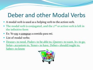 Deber and other Modal Verbs 
 A modal verb is used as a helping verb to the action verb. 
 The modal verb is conjugated, and the 2nd or action verb is left in 
the infinitive form 
 Ex: Yo voy a comprar a comida para mi. 
 List of modal verbs: 
 Desear= to need, Poder= to be able to, Querer= to want, Ir= to go, 
Solar= accustom to, Tener= to have, Deber= should/ought to, 
Saber= to know 
 