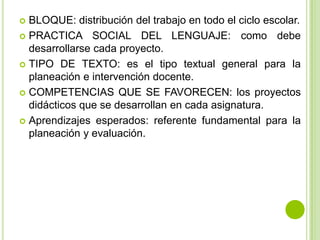  BLOQUE: distribución del trabajo en todo el ciclo escolar.
 PRACTICA SOCIAL DEL LENGUAJE: como debe
  desarrollarse cada proyecto.
 TIPO DE TEXTO: es el tipo textual general para la
  planeación e intervención docente.
 COMPETENCIAS QUE SE FAVORECEN: los proyectos
  didácticos que se desarrollan en cada asignatura.
 Aprendizajes esperados: referente fundamental para la
  planeación y evaluación.
 