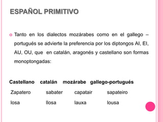 ESPAÑOL PRIMITIVO
 Tanto en los dialectos mozárabes como en el gallego –
portugués se advierte la preferencia por los diptongos AI, EI,
AU, OU, que en catalán, aragonés y castellano son formas
monoptongadas:
Castellano catalán mozárabe gallego-portugués
Zapatero sabater capatair sapateiro
losa llosa lauxa lousa
 