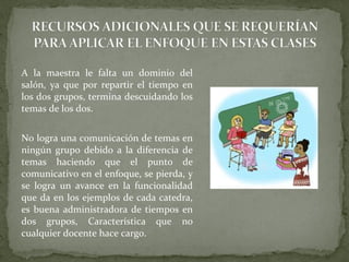 A la maestra le falta un dominio del
salón, ya que por repartir el tiempo en
los dos grupos, termina descuidando los
temas de los dos.
No logra una comunicación de temas en
ningún grupo debido a la diferencia de
temas haciendo que el punto de
comunicativo en el enfoque, se pierda, y
se logra un avance en la funcionalidad
que da en los ejemplos de cada catedra,
es buena administradora de tiempos en
dos grupos, Característica que no
cualquier docente hace cargo.
 